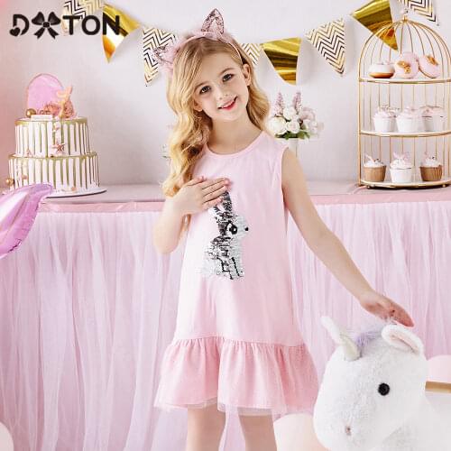 DXTON Cotton Baby Girls Dresses Sleeveless Summer Children Dress Sequined Rabbit Kids Clothing Unicorn Dress Toddler Casual Wear