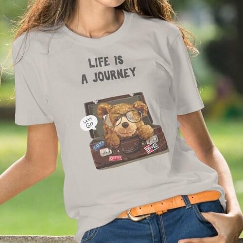 BLINGPAW Teddy Bear Life Is A Journey Letter Print T-shirt White Cotton Unisex Top&Tees Summer Custom Tee Shirts