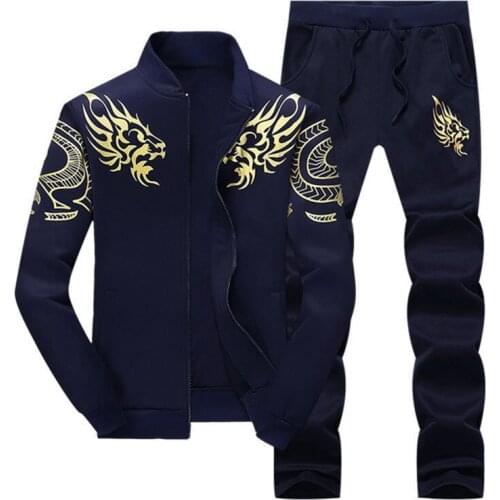 Men Long Sleeve Tracksuit Spring Autumn Thin Mens Stand Collar Dragon Printed Sweatshirt Two Pieces Set Male Casual Sports Suit