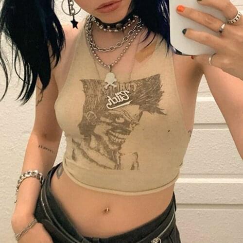 Summer Vintage Print Tank Top Gothic Hip Hop Punk Sthle Sleeveless Mini Vest Crop Top Y2K Women E-girl Harajuku Streetwear