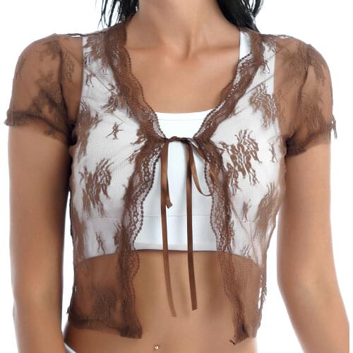 Fashion Women Short Sleeve Floral Lace Crop Top Summer Spring Lace-up Front See-through Cardigan T-shirt