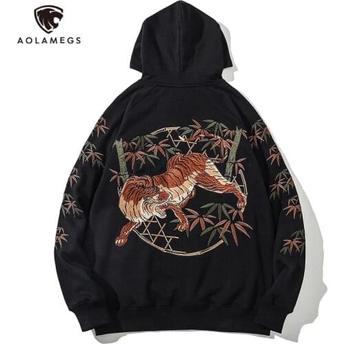Aolamegs Hoodies Men Sweatshirts Embroidery Tiger Bamboo Hooded 2021 Pullover Streetwear Tops Hip Hop Oversized Black Hoodie