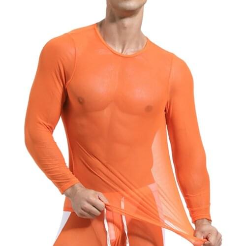 Men Undershirts Sexy Mesh Transparent Long Sleeve T-shirts Slip Homme Fitness Underwear Quick Dry Sportswear Singlet Shirts