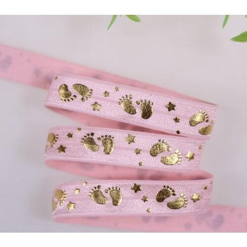 New design!! 5/8" foe elastic little feet gold foil printed fold over elastic 123 Pink100yards/lot wholesale