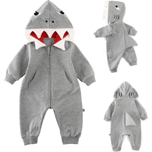 Toddler Newborn Baby Rompers Boys Girls Shark Print Long Sleeve Romper Hooded Playsuit Children Jumpsuit Kids Outfits 0-24M