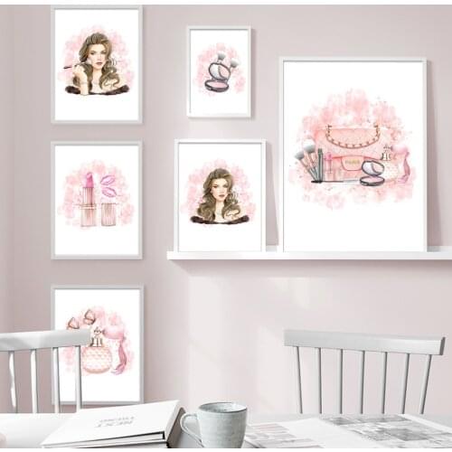 Fashion Pink Bag Lipstick Makeup Girl Nordic Posters And Prints Modern Wall Art Canvas Painting Wall Pictures For Living Room
