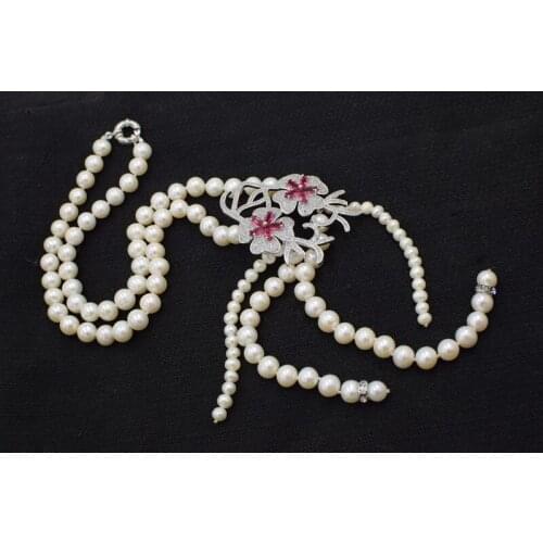 Freshwater pearl white near round necklace 19" 8-9mm 5-6mm red flower pendant