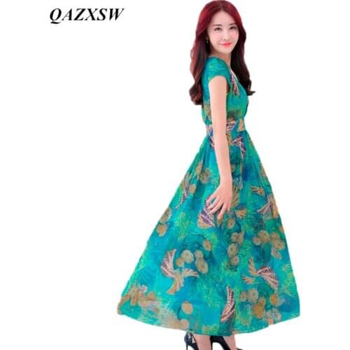 QAZXSW 2019 Summer Vintage Chiffon Maxi Dress Women Print Dresses Retro Slim Ankle-Length Female Dress Vestido Feminino YX0078
