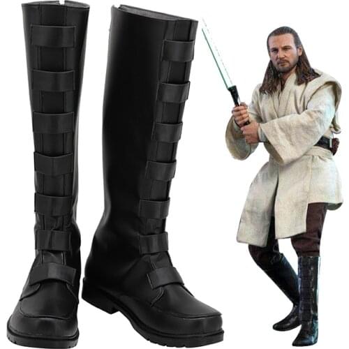 Star Cosplay Shoes Boots Jedi Master Qui Gon jinn Cosplay Adult Black Boots Halloween Party Custom Made