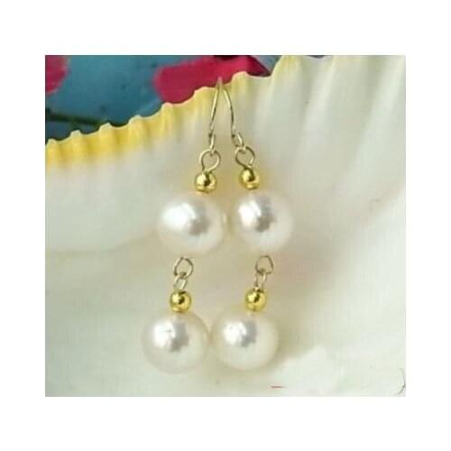 New Amazing 10mm White Color Round Freshwater Pearl Dangle Earrings 14K Gold Hook Fine Jewelry Charming Lady Gift