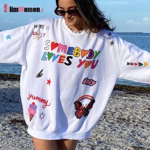 White Kawaii Print E-girl Loose Oversized Sweatshirts for Women Long Sleeve Autumn Winter Casual Cute Long Pullovers Outfits Y2K
