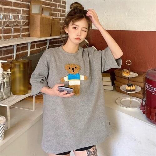 Embroidery Short Sleeve Tees Cotton Oversized T Shirt Clothes for Women 2021 Summer Korean Style Casual Tops Kawaii Bear Tshirt