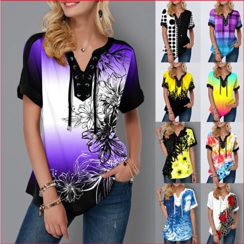 Floral Print Tunic Tops Summer Women Fashion Casaul T-shirt Loose V Neck Short Sleeve Tshirt Plus Size Tee Shirts Woman Clothes