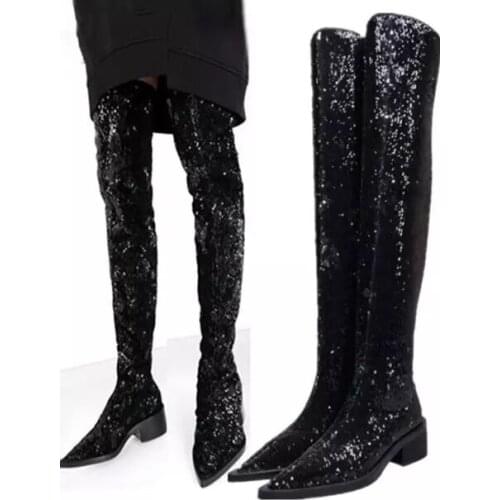 New Woman Pointed Toe Black Sequined Thigh Boots 55 mm Square Heels Bling Bling Slim Stretch Over The Knee Long Knight Boots