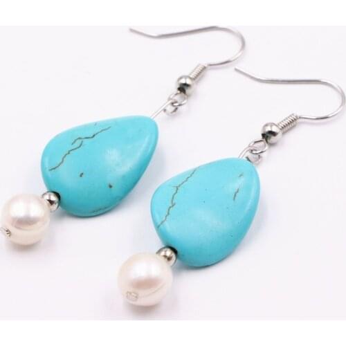 Wholesale Price Natural White Pearl Beads Earring for Women 7-8mm Pearls 15x20mm Turquoises Stone Dangle Earrings Jewelry A514