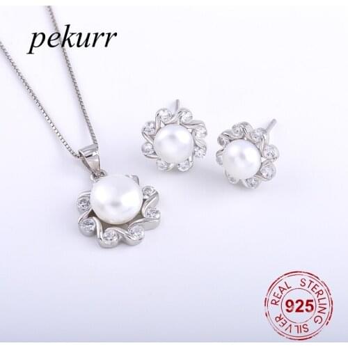 Pekurr 925 Sterling Silver Zircon Gems Whirl Flower Freshwater Natural Pearl Earrings Necklace Sets For Women Pendants Jewelry
