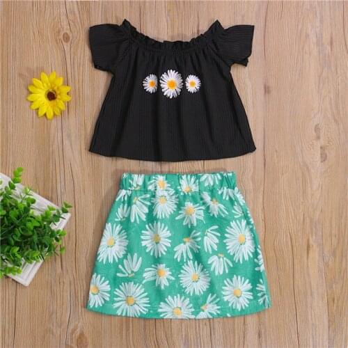 1-6 Years Kids Girls Set Summer Daisy Print Boat Neck Short Sleeve Pullover Tops A-Line Skirt Suits Toddler Girls Casual Outfits