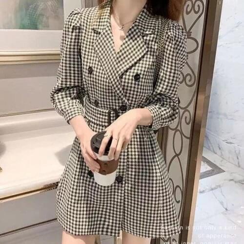 2021 Korean Chic Double Breasted Women Plaid Lapel Mini Dress Retro Temperament Sashes Puff Sleeve Office Work Wear Dresses
