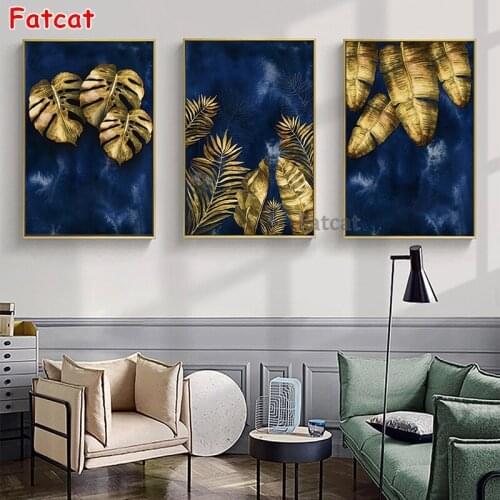 Triptych 5D Diy Diamond Painting Golden Leaves Abstract Landscape Square Round Drill Cross Stitch Embroidery Decor Poster PP2636