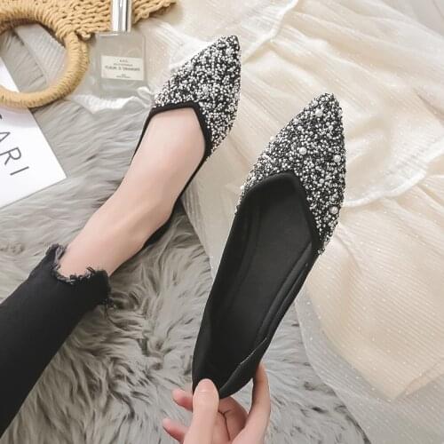 2021 Women Flat Shoes Ballet Shoes Pearl Diamond Sequins Breathable Knit Pointed Shoe Moccasin Spring Summer Ladies Soft Loafers