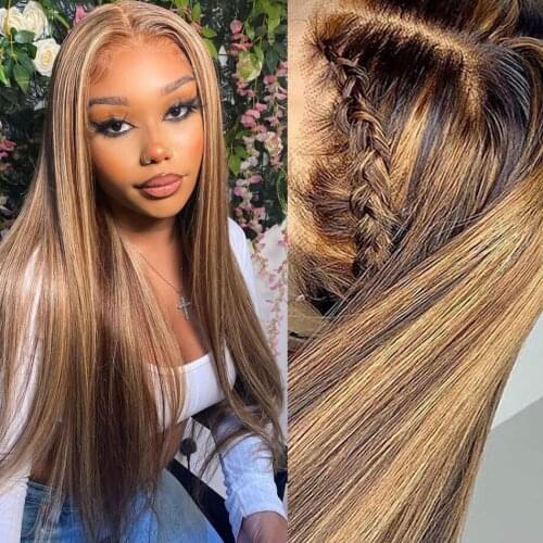 Straight Highlight Wig Human Hair Wigs For Women 13X4 Lace Frontal Wig 4/27 Ombre Remy Malaysian Straight 4X4 Lace Closure Wig