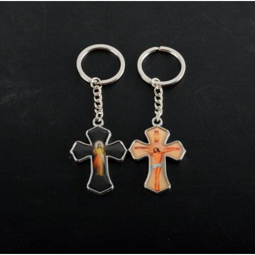 Double sided mixed designs of religious saint Jesus keyring, icon cross keychain with epoxy on sale