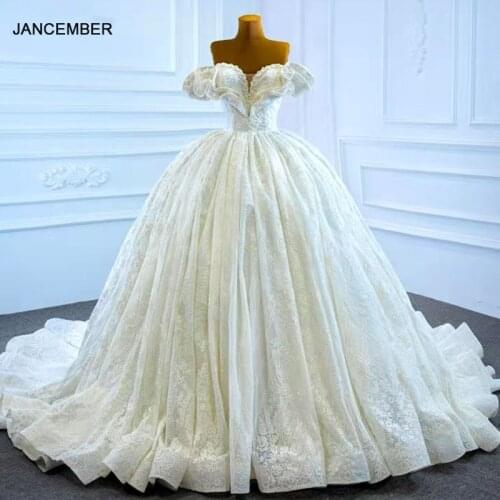 J67225 JANCEMBER New White Wedding Gown For Women 2021 Sexy V-Neck Short Sleeve Lace Up Back Crystal Beading