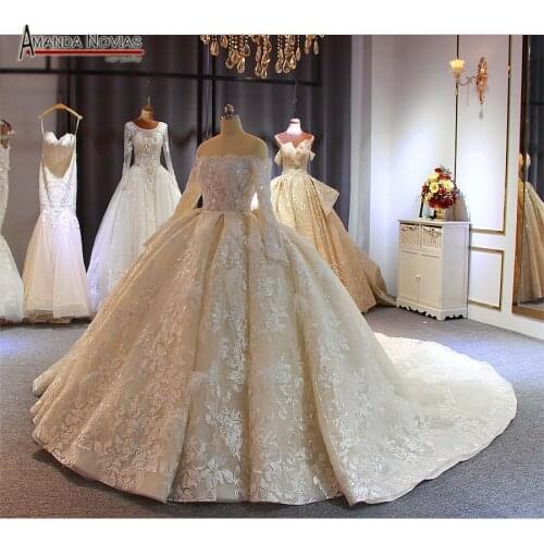 Champagne color feather lace wedding dress 2020 new ball gown bridal dress