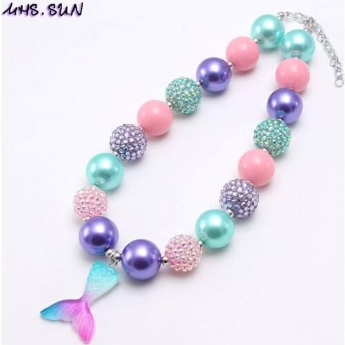 MHS.SUN fashion colors girls chunky bubblegum beads necklace with mermaid tail pendant handmade necklace for baby kids best gift