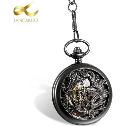 Lancardo Steampunk Mechanical Pocket Watches Men Black Dragon/Phoenix Hollow Retro Necklace Pocket Watch With Chain For Men