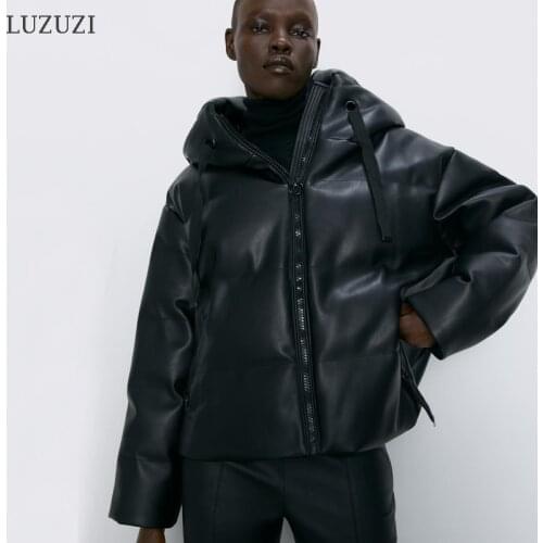LUZUZI Winter PU Leather Parkas Fashion Hooded Faux Leather Jacket Coats Women Zipper Cotton Jacket Autumn Women Ladies IT