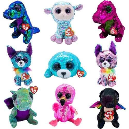 Ty Flippables Big Eyes Dragon Dog Series Sheep Flamingo 6" 15 cm Reversible Sequin Collection Plush Doll Toys Festival Kids Gift