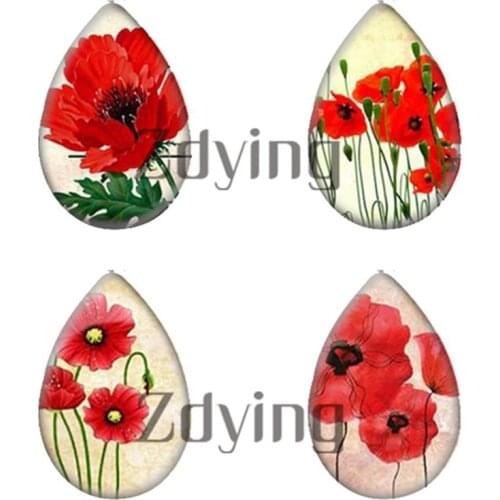 Zdying Hot sale Vintage 10pcs/lot 13x18mm/18x25mm Red Flower Handmade Photo Glass Tear Drop Cabochons Jewelry Accessories