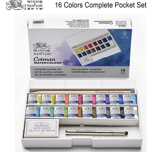 Winsor&Newton cotman solid WaterColor Pigment Advanced Set 16 half pans and a brush a pencil a eraser