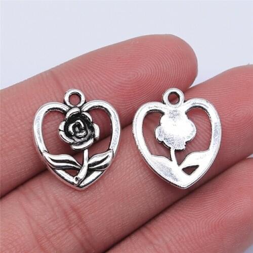 WYSIWYG 10pcs 16x18mm Antique Silver Color Heart Flowers Charms Pendant For Jewelry Making DIY Jewelry Findings