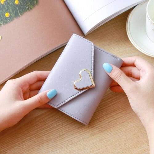 New Cute PU Leather Purse Heart-shaped Decoration Short Multi-card Wallet Purse Buckle Clutch Mobile Student Womens Wallet