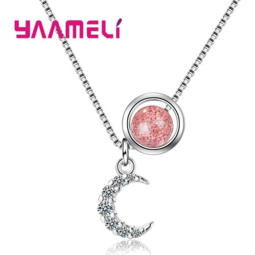 Fashion Simple Luxury Elegant Strawberry Pink Crystal Shinny Moon Shape Female Necklace Anniversary Gifts For Women
