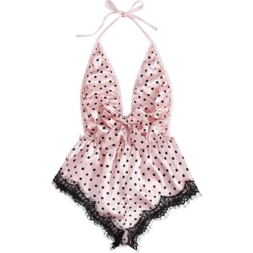 Women Sexy Lingerie with Bow-knot Decoration, Polka Dot Print Backless Deep V-neck Bandage Sleeping Dress