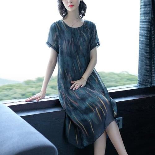 Short-sleeve Imitate Silk Dress 2021 Summer Women Loose Plus Size 5XL Casual Print Beach Sundress Vintage Dresses Vestidos Y846