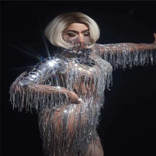 H08 Sexy singer perform rhinestones women dress sequins tassel elastic bag hip skirt silver mirror costumes dj outfit show wears