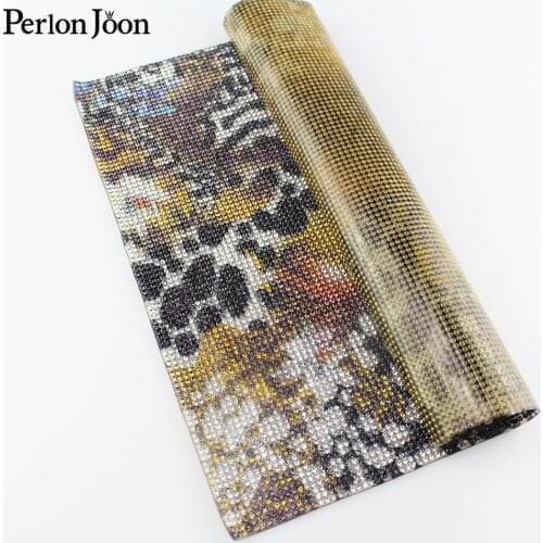 24 * 40cm Leopard flower printed rhinestone mesh trim hot crystal rhinestone fabric DIY cutting decoration patch TR067