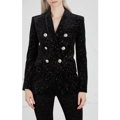 Luxury Design Shiny Black Velvet Blazer Double Breasted Silver Buttoned Front Long Sleeved 2018 Fashion Woman Blazer coat