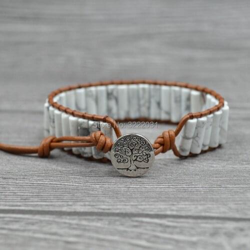 White Stones Bracelets Boho Handmade Leather Cuff Bangles for Women Natural Stones Braided Wrap Jewelry Bracelets for Birthday