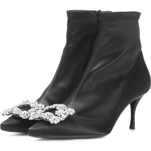 Black Satin Women Ankle Boots Crystal High Heel Autumn Boots Fashion Women Pumps Wedding Dress Shoes Botas Mujer