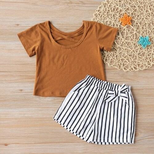 Kids Clothes Summer New Style Toddler Girl Clothes Back Cross Short Sleeve + Striped Pants Suit Girls Set