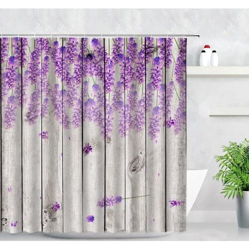 Retro Wood Plank Purple Lavender Backdrop Printing Shower Curtains Flowers Butterfly Waterproof Bathroom Decor Bath Curtain Sets