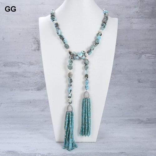 GuaiGuai Jewelry Long 37'' Natural Blue Larimar White Pearl Crystal CZ Tassels Necklace For Women Sweater Chain