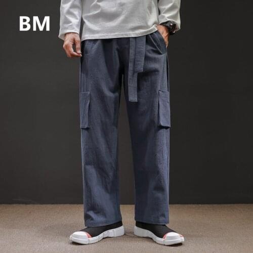 Chinese Style Lace Up Cotton Linen Casual Straight Pants 2020 Japanese Harajuku Loose Plus Size Cargo Trousers Men Clothing