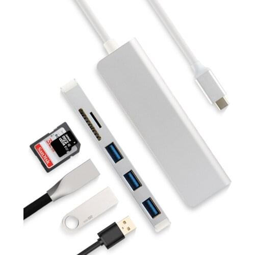 HUWEI 5-in-1 Type-C Hub Aluminium Alloy USB-C Adapter Hi-Speed USB 3.0 Port SD/TF Card Reader For Mac Windows Laptops Notebook