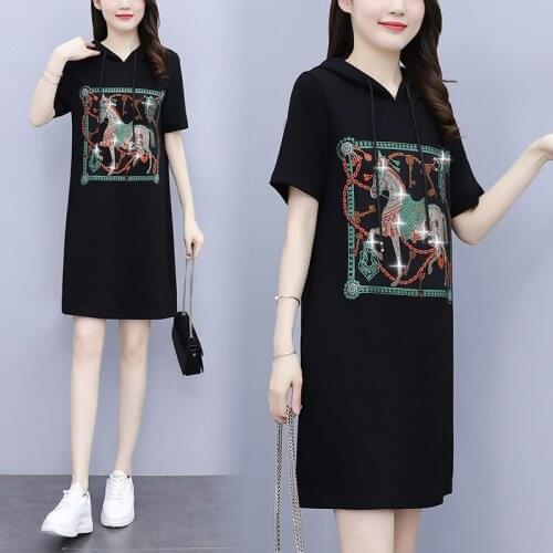 Large Size Womens Summer New Tencel Rome Fabric Hot Drilling Hooded Short-Sleeve Dress